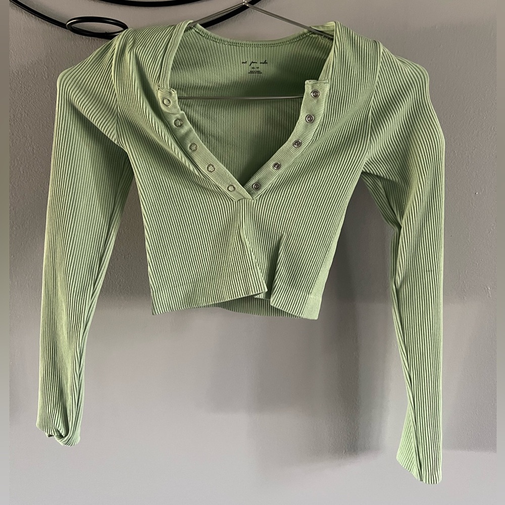 Urban Outfitters Light Green cropped Ribbed Button Down Shirt